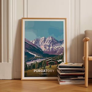 Colorado Ski Resort Travel Poster, Purgatory Durango, San Juan & Rocky Mountains Decor, Snowboarding, Skiing Wall Art, C20-1835