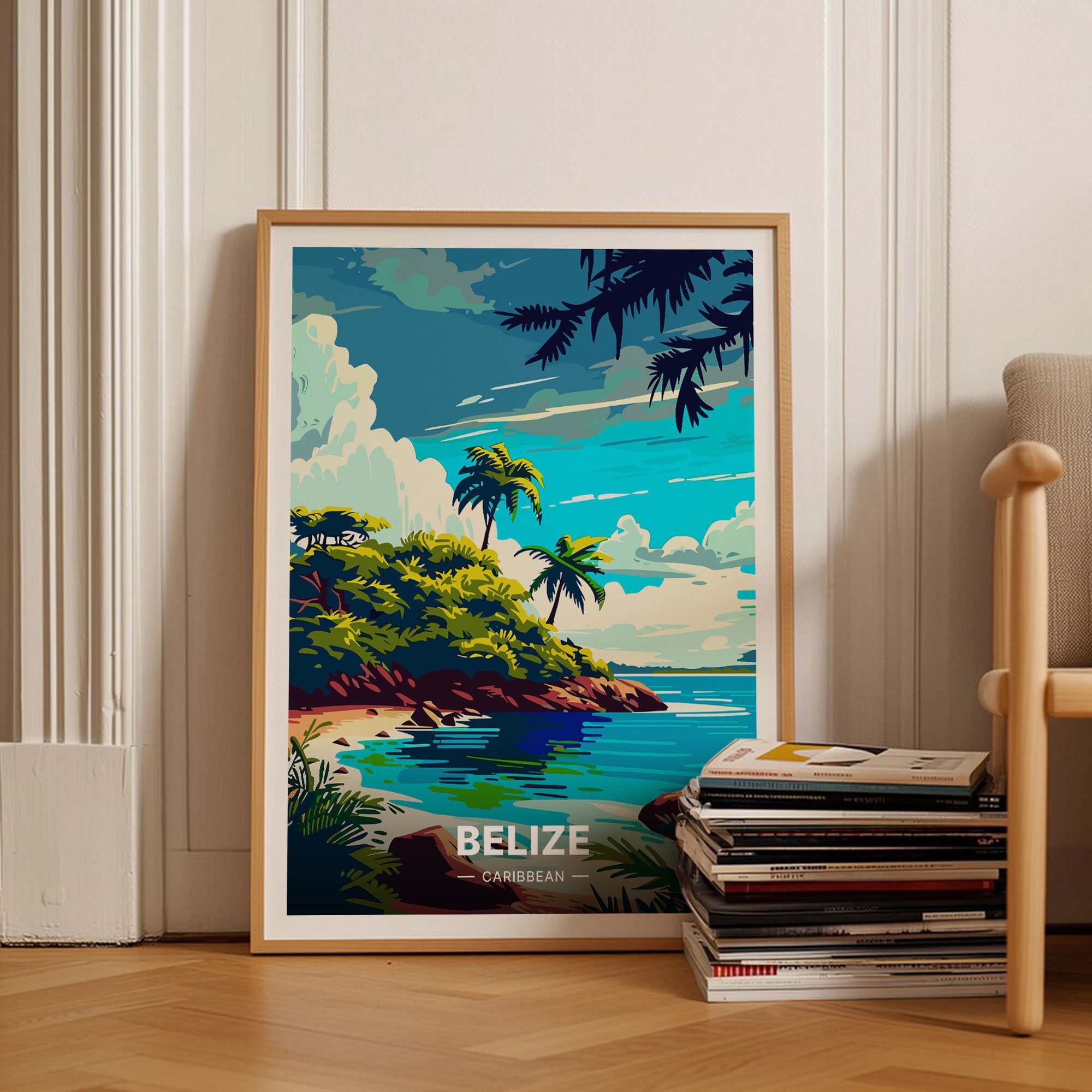 Belize Travel Poster, Caribbean Beach Scene, Tropical Wall Art