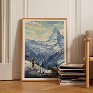 Franse Alpen Ski Resort Travel Poster, Meribel Mottaret, Retro Mountain Art, Skiën Snowboarden Muur Decor, Home Office Artwork, C20-1673