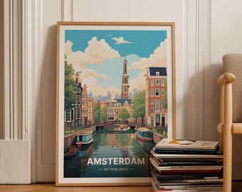 Amsterdam Travel Poster, Netherlands Cityscape Art, Vintage Style Wall Decor, Unique Wedding or Birthday Gift Idea, C20-8