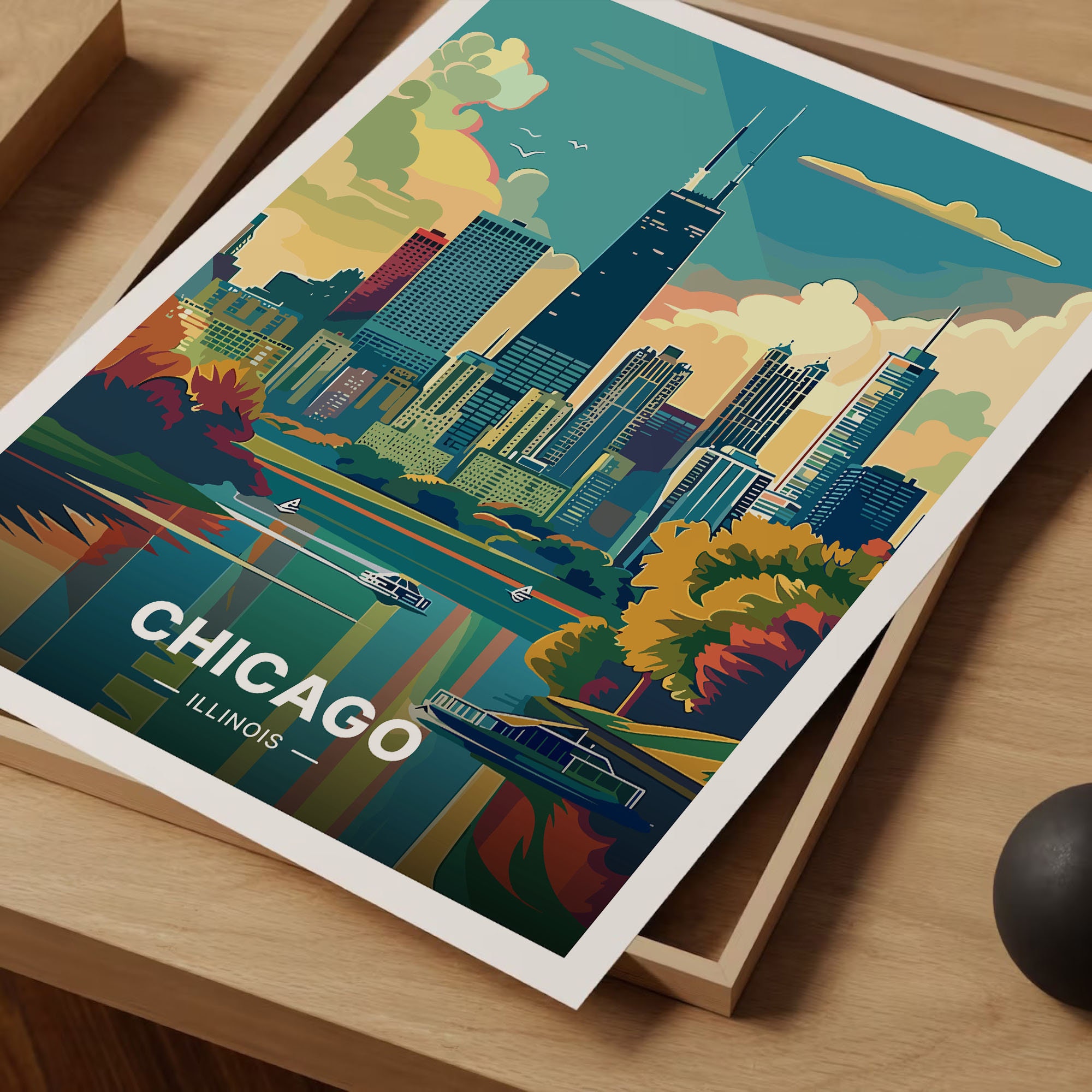 Chicago Skyline Travel Poster, Illinois Cityscape Wall Art, Home
