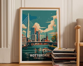 Poster paysage urbain de Rotterdam, art mural inspiré des voyages, décoration de maison et de bureau, cadeau pour amateur d'art, illustration emblématique des Pays-Bas, C20-325