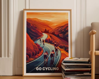 May include: A framed poster with a colorful illustration of cyclists riding on a winding road through a mountain landscape. The poster has the text "GO CYCLING" at the bottom.