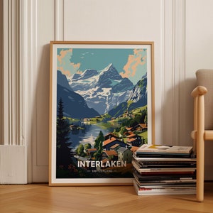 Póster de viaje de Interlaken, Arte de pared con paisaje de Suiza, Decoración del hogar de estilo vintage, Idea de regalo para entusiastas de los viajes, C20-675
