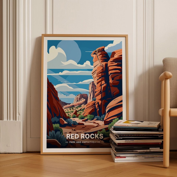 Red Rocks Park Travel Poster, Colorado Landscape Wall Art, Modern Home Decor, Adventure Art Gift, Nature Inspired Room Decoration, C20-587