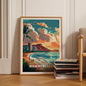 Cartel de la playa de Waikiki, arte de viaje de Hawái, decoración del hogar y la oficina, regalo para los buscadores de aventuras, arte de la pared tropical, C20-1105