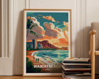 Waikiki Beach Poster, Hawaii Travel Art, Home & Office Decor, Gift for Adventure Seekers, Tropical Wall Art, C20-1105
