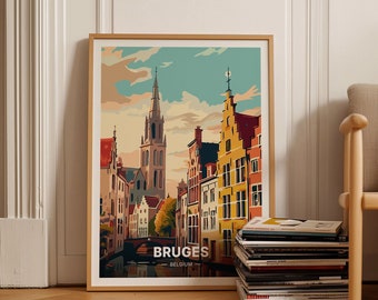 Bruges Belgium Travel Poster, Mid Century Modern Landscape Art, Eclectic Home Decor, Europe Cityscape Wall Art, C20-791
