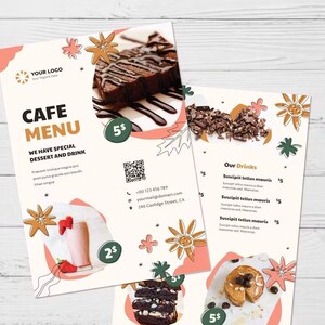 Puede incluir: Una plantilla de menú de cafetería con fondo blanco y un diseño floral colorido. El menú presenta una variedad de postres y bebidas, incluyendo un pastel de chocolate, un batido y un café. El menú también incluye la información de contacto de la cafetería y un código QR.