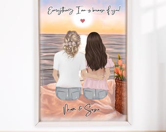 Custom Mother Daughter Portrait: Personalized Family Wall Art Christmas Present