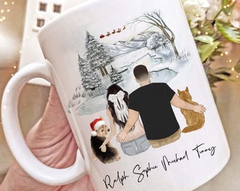 Personalisierte Paar & Haustiere Tasse, Benutzerdefinierte Familien Porträt, Weihnachtsgeschenk
