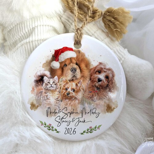 Dog Portrait Ornament Personalized Pet Watercolor Multiple Pets Dog Cat Keepsake Custom