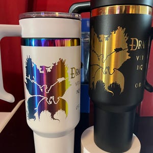 4 options- Rainbow and Gold Dragon age Quad logo 40oz custom laser engraved tumbler.