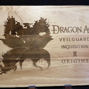 Dragon Age Fanart Custom laser engraved cutting board on Rubberwood Quad Logo