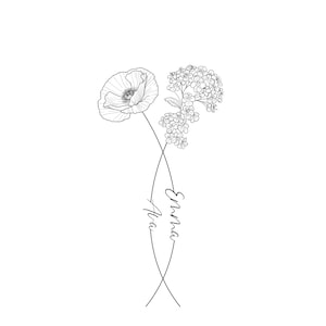 Custom Floral Name Design, Two Names Birth Month Flowers Tattoo Art Sketch, Line Art Birth Flower, Couple Family Personalized Tattoo Design