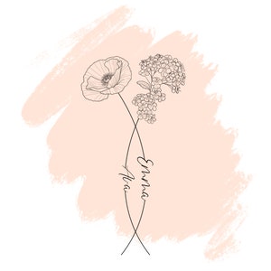 Custom Floral Name Design, Two Names Birth Month Flowers Tattoo Art Sketch, Line Art Birth Flower, Couple Family Personalized Tattoo Design