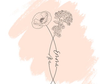 Custom Floral Name Design, Two Names Birth Month Flowers Tattoo Art Sketch, Line Art Birth Flower, Couple Family Personalized Tattoo Design