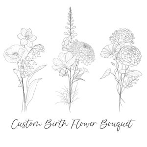 DIGITAL Custom Birth Month Flower, Minimalist Design, Birth Flowers Line Art Print Custom Family Birth Flower Bouquet Tattoo Design