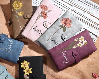 Cartera de cuero con flor de nacimiento personalizada para mujer, regalo para mamá, cartera con flor de nacimiento personalizada con nombre, regalo para el Día de la Madre, regalo de cumpleaños.