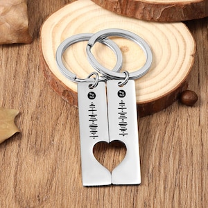 May include: Two silver keychains with a heart-shaped cutout. Each keychain has a rectangular tag with a music waveform design and a small music note icon. The keychains are on a wooden surface.
