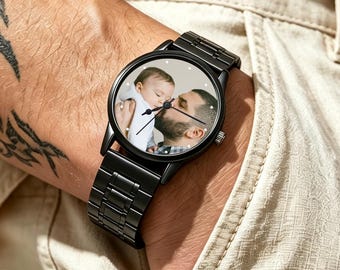 Montres homme personnalisées avec photo gravée montre homme en acier inoxydable, cadeau de Noël pour le mari, cadeau d'anniversaire pour lui