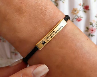 Medical Alert Bracelet, Personalized Medical Rope Bracelet with Engraving, ID & Medical Bracelets, Minimalist Emergency Jewelry for Her Him