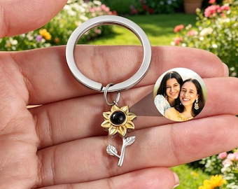 Sunflower Projection Keychain Gift for Her, Sunflower Keyring with Picture Photo inside,  Projection Keyring Gifts for Mom, Memorial Gift
