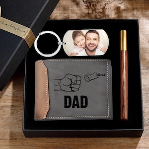 Personalized Leather Wallet for Dad, Fist Bump with Kids, Custom Dad Wallet with Photo, Family Fist Bump Dad Wallet Gift for Fathers Day