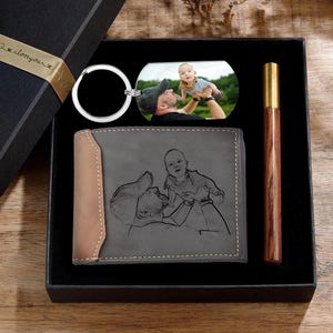 Cartera y llavero personalizados para hombre, llavero con foto grabada y cartera de cuero, ideal como regalo de cumpleaños para esposo o papá, o para el Día del Padre.