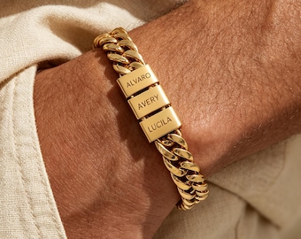 Personalisierte Herren Gold Armband, Ehemann Geschenk, Edelstahl Armband für Papa mit Kinder Namen, Familien Name Armband für den Vatertag