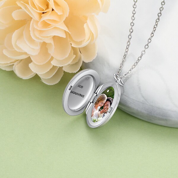 Oval Locket Necklace with Photo, Hidden Message Engraved Necklace, Memorial Jewelry, Anniversary Gift, Wedding Gift for Her