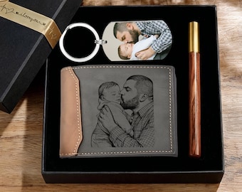 Ensemble portefeuille et porte-clés personnalisés pour homme, porte-clés photo gravé personnalisé et portefeuille en cuir, cadeaux pour papa, mari, petit ami, cadeau de fête des pères