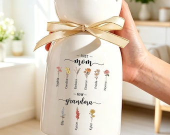 Custom First Mom Now Grandma Ceramic Flower Vase, Birth Month Flower Vase,Birthflower Vase, Birthday Gift for Mom Nana Mothers Day Gift