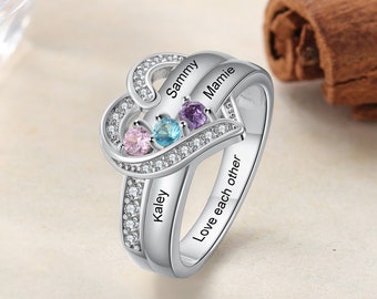 2-8 Names 925 Sterling Silver Birthstone Ring, Personalized Family Names Ring Gift for Women, Christmas Gifts for Mom, Gifts for Grandma