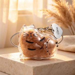 May include: A clear, cat-shaped keychain filled with brown material, featuring black stripes and whiskers. A silver heart-shaped tag with the name "Clara" hangs from the keychain. The keychain is attached to a silver wire loop.