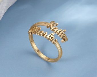 Doppelter Namensring, Ring mit zwei Namen, verstellbarer Ring, Ring für Frauen, personalisiertes Geschenk für Mama, Geschenk für die beste Freundin, Geburtstagsgeschenke