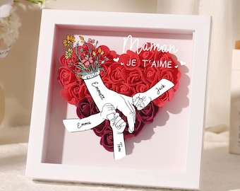 Personalized Roses Heart Shadow Box for Mother&#39;s Day Gift, Custom Flower Shadowbox with Names, Rose Frame Gift for Mom,Grandma Nana Birthday