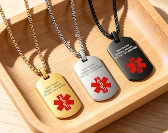 Custom Medical Alert Necklace, Personalized Neclace with Engraving, ID & Medical Necklace, Emergency Jewelry For Men