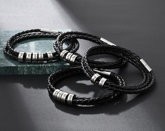 Pulsera de cuero trenzada personalizada para hombre como regalo del día del padre, pulsera personalizada con nombres de niños para papá, joyas para hombres, regalos para esposo
