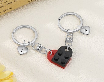 Ensemble de porte-clés coeur initial personnalisé, porte-clés assorti, porte-clés bloc de construction coeur avec breloques lettres, bloc de construction à pince cadeau BFF