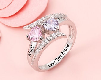 Double Heart Birthstone Promise Ring, Sterling Silver Ring, Handmade Jewelry, Wedding Ring, Unique Gift For Her, Girlfriend, Lover Gift