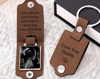 Personalized Mens Leather Keychain with Photo inside,Metal Tag Photo Keyring,Engraved key chain,Anniversary Gifts for Him,Father's Day Gifts