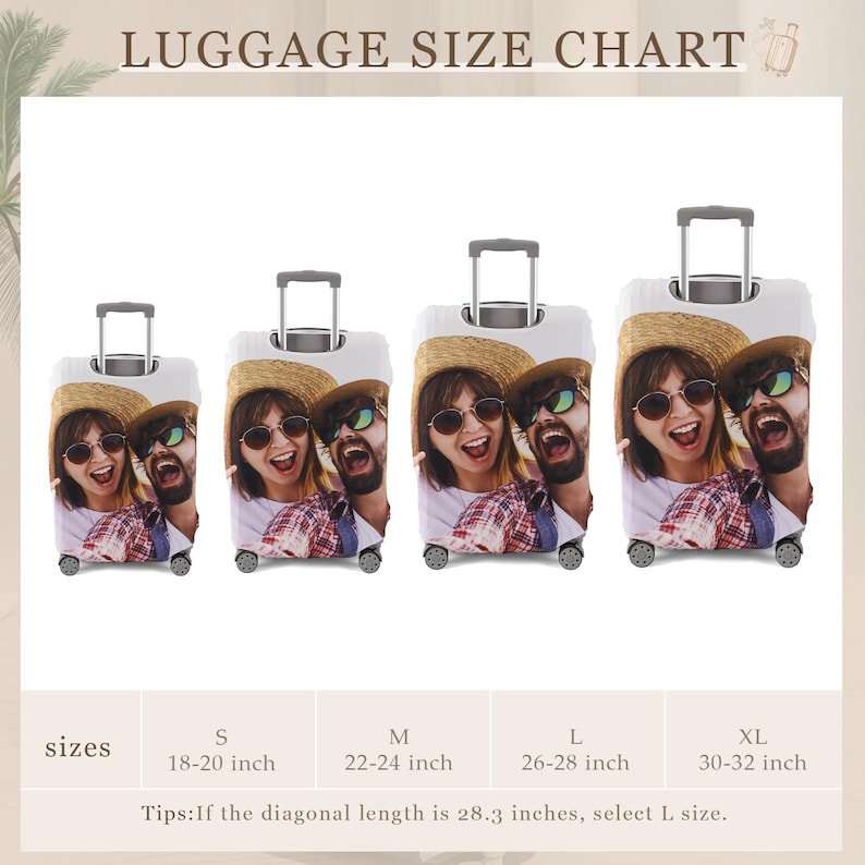 May include: Luggage size chart showing four suitcases with a photo print. Sizes range from S (18-20 inches) to XL (30-32 inches). The text "LUGGAGE SIZE CHART" is at the top. The image includes the text "Tips: If the diagonal length is 28.3 inches, select L size."