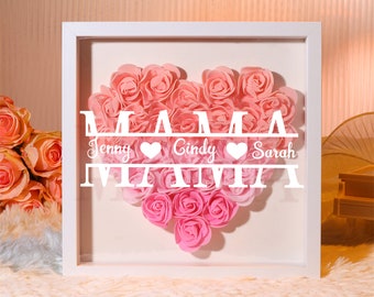 Personalized Roses Heart Shadow Box for Mama, Custom Flower Shadowbox with Names, Rose Frame Gift for Mother's Day,Gift for Mama, Grandma