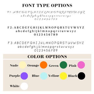 Puede incluir: Una tabla que muestra tres opciones de fuentes etiquetadas como F1, F2 y F3, con letras may&uacute;sculas, min&uacute;sculas y n&uacute;meros del 0 al 9. Debajo, una secci&oacute;n de opciones de color enumera Nude, Orange, Green, Pink, Purple, Blue, Yellow, Black y White.