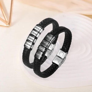 Pulsera personalizada para hombre, pulsera de cuero para el día del padre, pulsera de papá con cuentas personalizadas con nombre de niños, regalos para él papá hijo abuelo