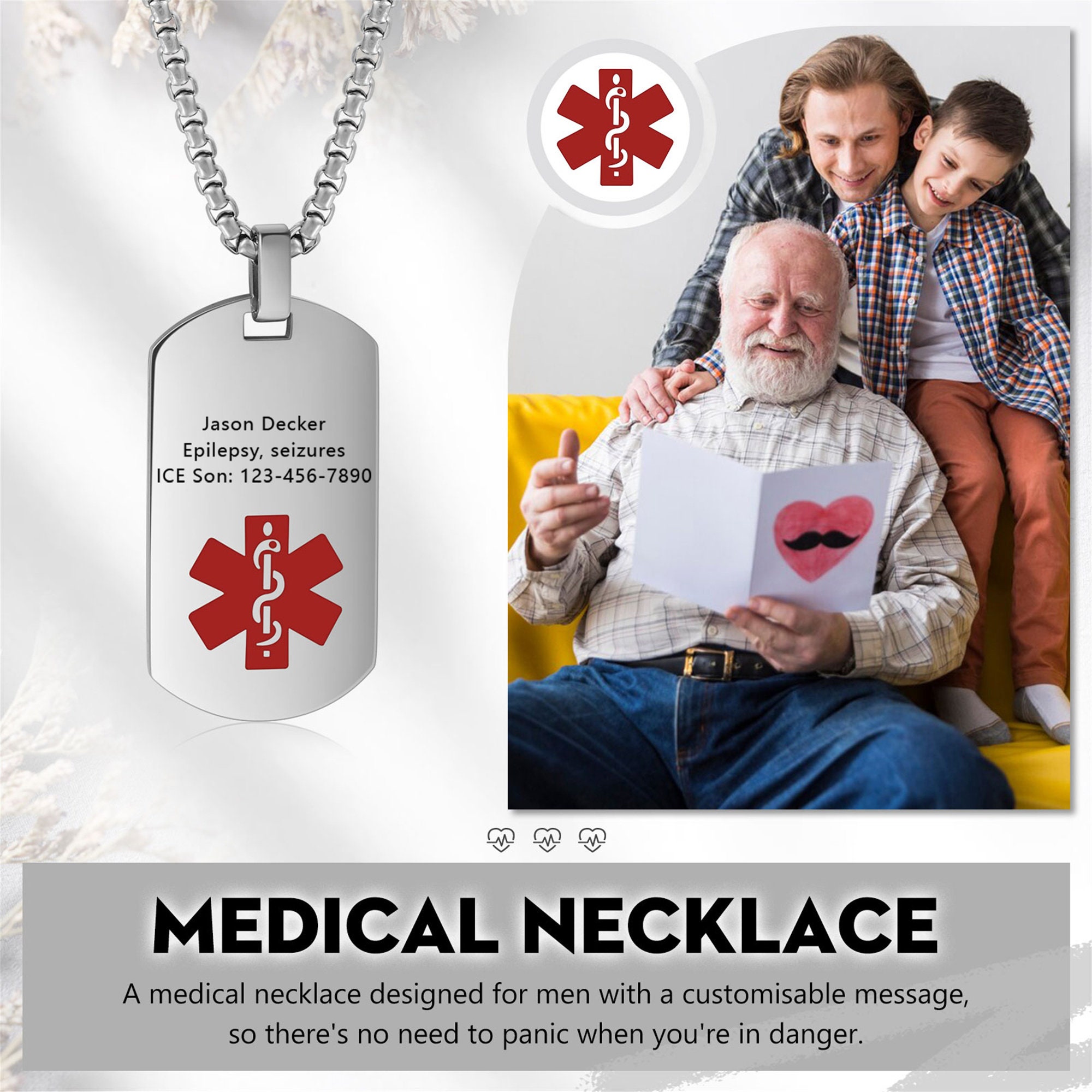 Custom Medical Alert Necklace, Personalized Neclace With Engraving, ID ...