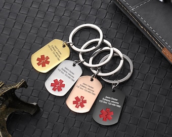 Personalized Medical Alert Keychain for Women Men,Engraved Emergency Alert ID,Medical ID Tag,Medica ICE Keyring, Gifts for Patient