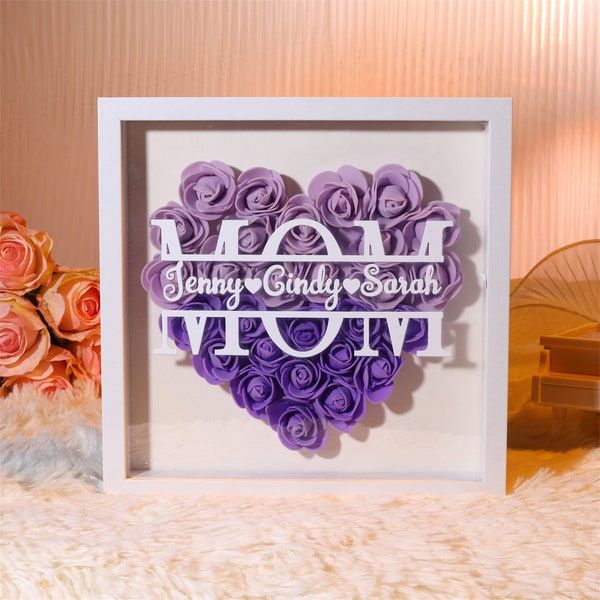 Purple Roses Heart Shadow Box for Mom, Custom Flower Shadowbox with Names, Rose Frame Gift for Mothers, Grandma, Mama Mom Mother gift