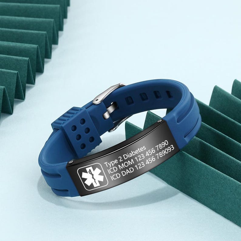 May include: Blue silicone medical alert bracelet with a black metal plate engraved with "Type 2 Diabetes", "ICD MOM 123 456 7890", and "ICD DAD 123 456 789093". The plate also features a medical symbol.